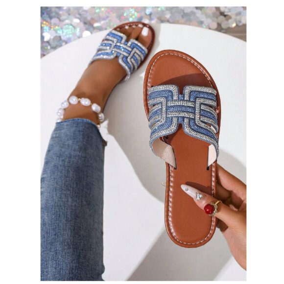 Women's Blue Beaded Slide Sandals - Open Toe Casual Flats - Size 6.5 - Picture 1 of 5